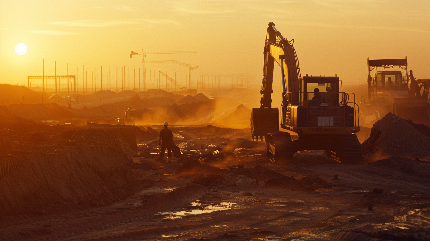Heavy equipment construction site at golden hour