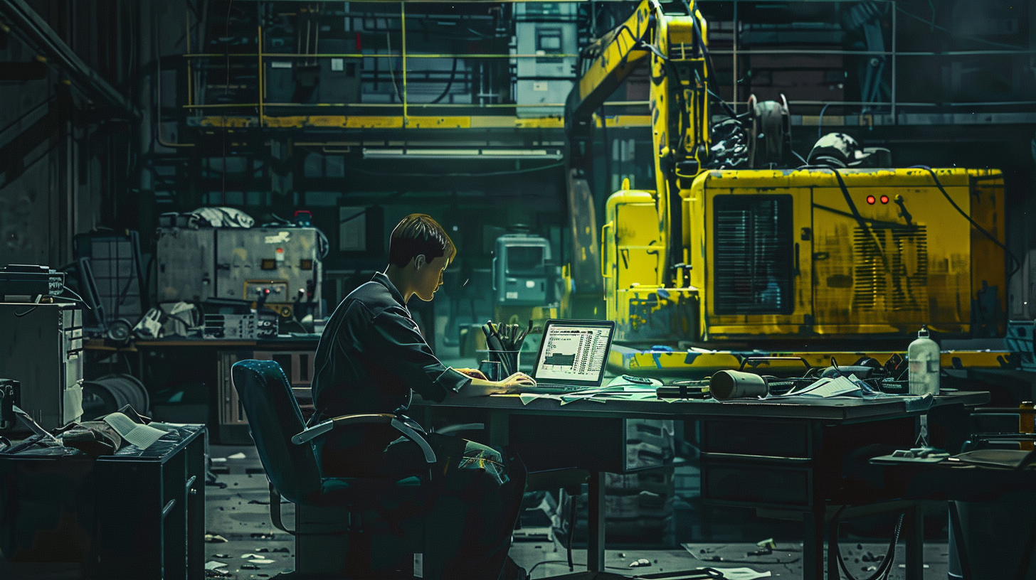 Mechanic working at desk surrounded by heavy equipment